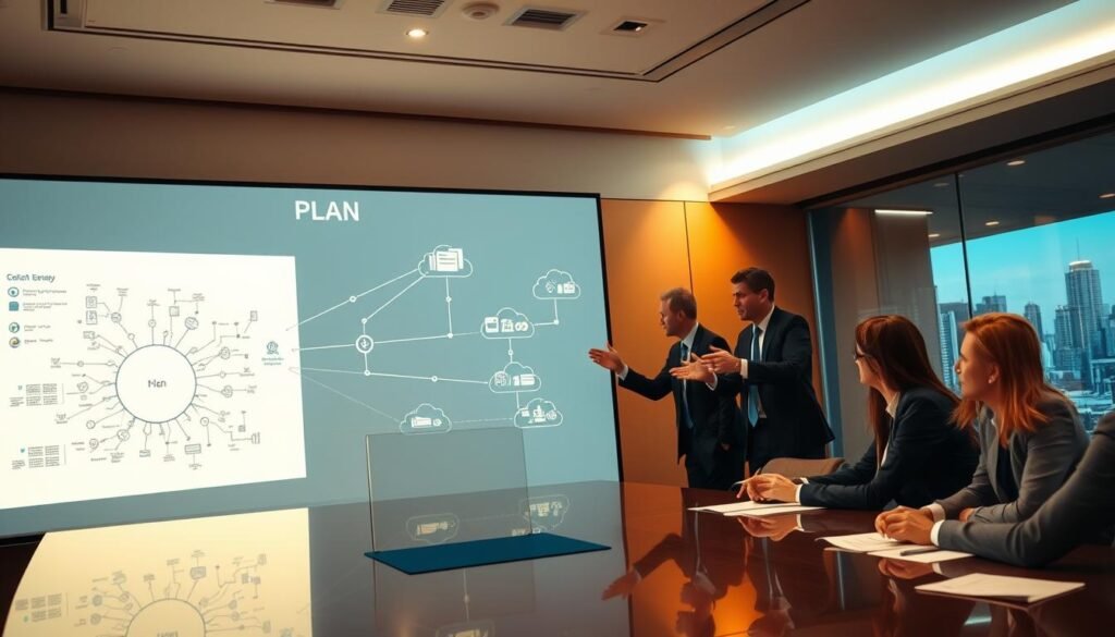 A boardroom table with a detailed network diagram projected onto a large screen, illuminated by warm, focused lighting. In the foreground, a team of professionals in business attire discussing the plan, gesturing towards the visualization. The middle ground features abstract representations of network nodes, data flows, and cloud infrastructure. In the background, a partially visible city skyline, hinting at the broader context of a connected urban landscape. The overall scene conveys a sense of strategic planning, collaboration, and the integration of technology into organizational decision-making.