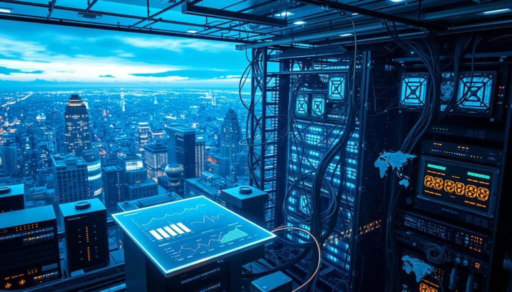A highly complex network infrastructure, seamlessly integrated with cutting-edge devices and cloud-based services. In the foreground, a sleek, holographic interface displays real-time data analytics, guiding the user through the intricate web of interconnected systems. The middle ground features an array of futuristic hardware - servers, routers, and storage arrays - linked by glowing conduits of fiber optic cables. In the background, a panoramic vista of the city skyline, illuminated by the soft glow of ubiquitous wireless signals. The scene is bathed in a cool, bluish light, conveying a sense of technological sophistication and harmonious integration. The overall atmosphere evokes a vision of a cohesive, highly efficient network ecosystem, ready to power the connected world of tomorrow.