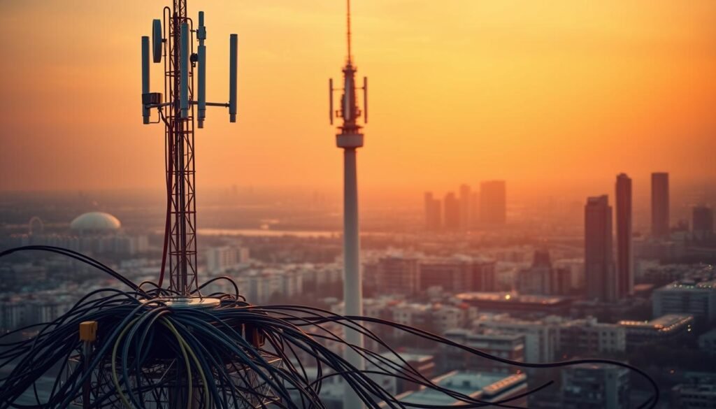 A modern telecommunication tower stands tall, its sleek design and multiple antennas symbolizing the advanced Wi-Fi 7 infrastructure. In the foreground, a network of cables and devices illustrate the intricate connectivity required to support the next-generation wireless standard. The background is a cityscape, hinting at the urban environments where such robust Wi-Fi networks are essential for seamless high-speed data transmission. Warm lighting casts a futuristic glow, conveying the cutting-edge nature of this emerging technology. The overall scene evokes a sense of the challenges and limitations faced in deploying Wi-Fi 7, from the complex hardware requirements to the need for ubiquitous coverage in dense urban settings.