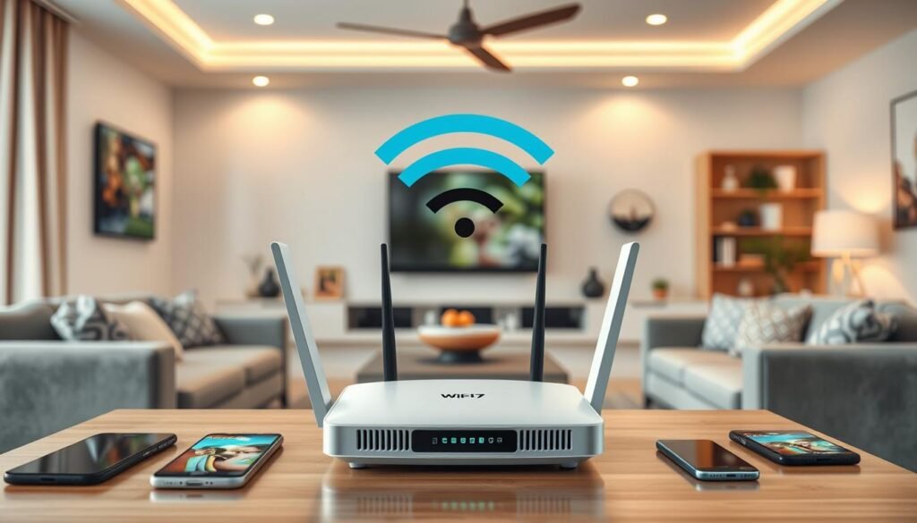 Generate an image of a Wi-Fi 7 router with multiple devices connected to it, showcasing its capabilities in a smart home environment.