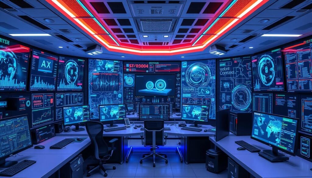 Image of a futuristic network operations center with automated systems managing complex network infrastructures.