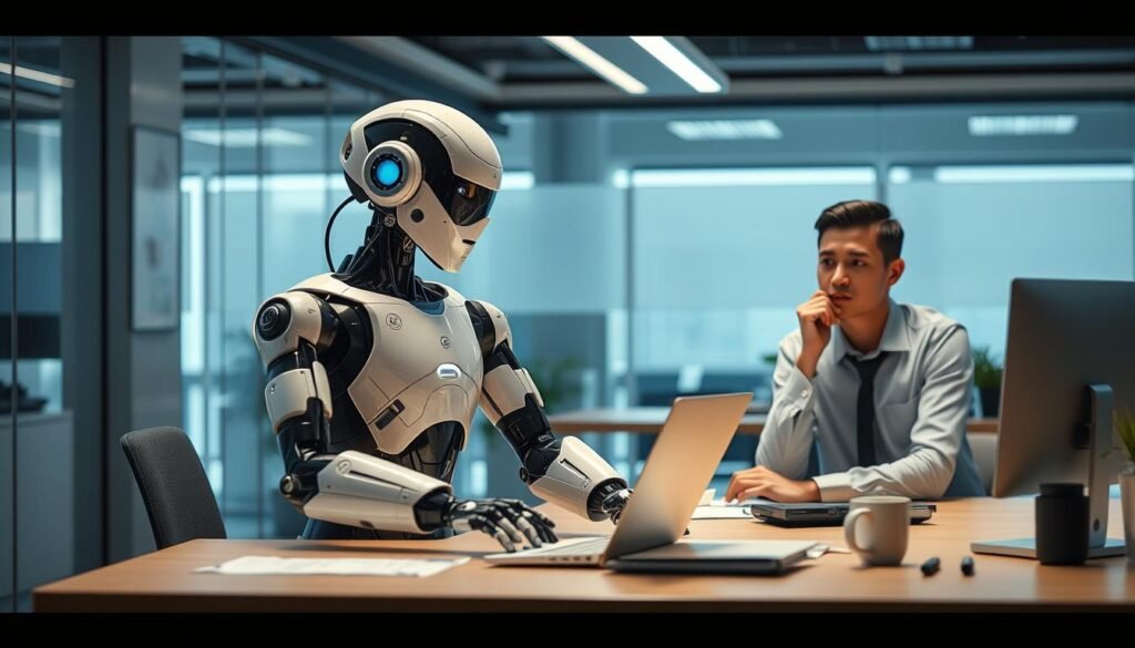AI robot and human worker side by side in an office environment, illustrating AI job replacement