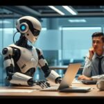 AI robot and human worker side by side in an office environment, illustrating AI job replacement