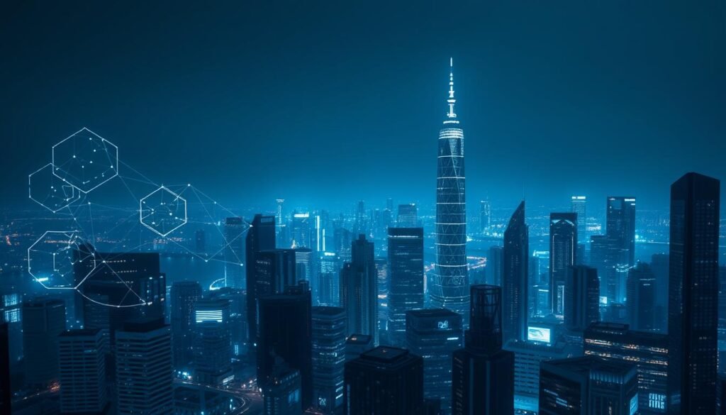 A dark, futuristic cityscape at night, bathed in a bluish hue. In the foreground, a sleek, AI-powered cybersecurity system, its holographic interfaces flickering with complex data visualizations. Intricate algorithms and lines of code dance across the screens, analyzing threat patterns and predicting potential attacks. In the middle ground, towering skyscrapers with advanced security measures, their facades adorned with cutting-edge surveillance sensors. The background is a panorama of the city, with a network of interconnected devices and systems, all seamlessly integrated to form a comprehensive, autonomous cyber defense network. The scene conveys a sense of technological prowess, advanced security, and the critical role of predictive machine learning in safeguarding the digital landscape of the future.