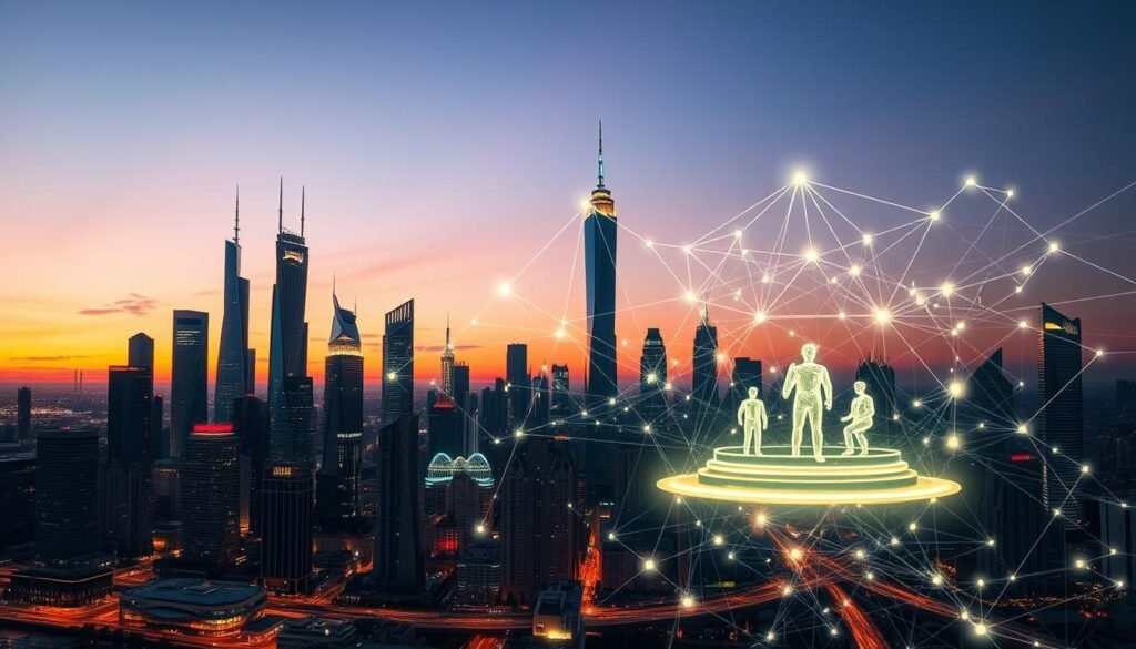 A futuristic city skyline at twilight, with sleek, towering skyscrapers and glowing, interconnected networks of data streams. In the foreground, a holographic representation of a governance council, their deliberations casting an ethereal glow across the urban landscape. Subtle yet intricate algorithms visualized as dynamic, pulsing patterns, weaving through the cityscape, symbolizing the complex systems of AI regulation and oversight. The mood is one of technological advancement and cautious optimism, as the city balances the power and potential of autonomous AI with responsible governance.