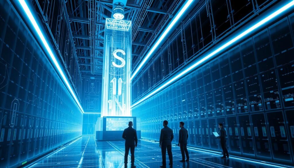 A sleek, futuristic data center with a towering, crystalline structure at its heart, bathed in an ethereal, blue-tinged lighting. Elegant quantum computing nodes and data transmission conduits are intricately woven throughout, hinting at the advanced security protocols that safeguard the network. In the foreground, a holographic interface displays intricate algorithms and data visualizations, monitored by a team of technicians in minimalist, high-tech uniforms. The overall scene conveys a sense of seamless integration between technology and security, projecting a vision of the quantum networking future.