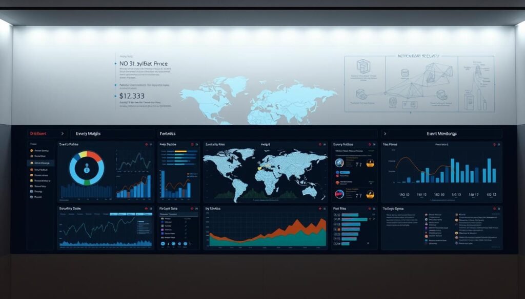 An elegant, minimalist dashboard interface showcasing an integrated network security platform. In the foreground, a clean grid of security analytics and event monitoring widgets, each displaying real-time data and insights. The middle ground features a large, centralized map visualization, color-coded to indicate the security posture of interconnected remote sites and devices. In the background, subtle architectural diagrams and network topology schematics provide technical context. Soft, indirect lighting creates a professional, enterprise-grade ambiance. The overall layout is balanced and intuitive, reflecting the platform's seamless integration of network visibility, threat detection, and centralized security management.