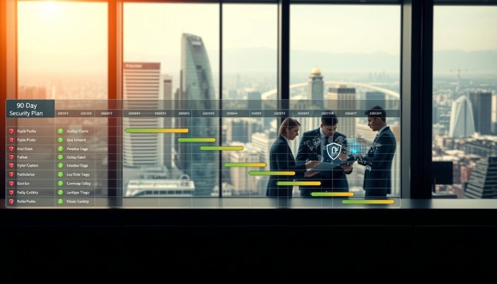 A detailed 90-day cybersecurity rollout plan, meticulously crafted against a backdrop of sleek, modern office aesthetics. In the foreground, a Gantt chart showcases the project timeline, color-coded tasks, and progress indicators. The middle ground features a team of professionals huddled around a holographic display, collaborating on security strategies. The background is dominated by a large window overlooking a bustling cityscape, conveying a sense of urgency and the global scale of the challenge. The lighting is warm and focused, creating a sense of productivity and determination. The overall mood is one of purposeful, data-driven decision-making in the face of evolving cyberthreats.