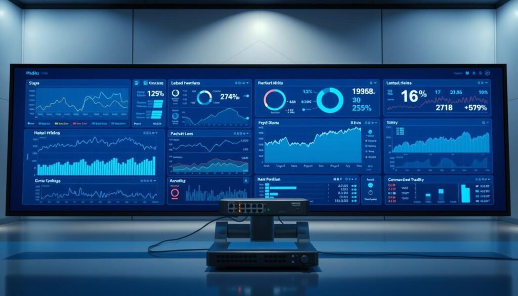 A detailed visualization of network performance metrics on a digital dashboard. In the foreground, a large monitor displays a comprehensive suite of real-time graphs, charts, and statistics tracking key network parameters such as bandwidth utilization, latency, packet loss, and connection quality. The dashboard is illuminated by a soft, indirect lighting scheme, creating a professional, technology-driven atmosphere. In the middle ground, a network router or server rack is visible, symbolizing the underlying infrastructure powering the metrics. The background features a minimalist, futuristic environment with clean, geometric shapes and subtle hues of blue and gray, evoking a sense of advanced networking technology.