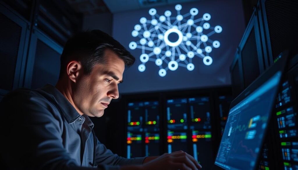 A dimly lit server room, the hum of equipment punctuated by the occasional beep. In the foreground, a network technician intently focused on a laptop, brow furrowed as they analyze a series of graphs and charts. Overhead, a network diagram is projected onto the wall, its interconnected nodes and cables illuminated by a soft blue glow, representing the complex web of the network infrastructure. The technician's expression shifts to one of determination as they input a series of commands, their fingers dancing across the keyboard. In the background, a series of status indicators on the server racks fluctuate, signaling the ongoing effort to minimize network downtime and restore full connectivity. The atmosphere is tense yet focused, with a sense of urgency and the weight of responsibility felt in every action.