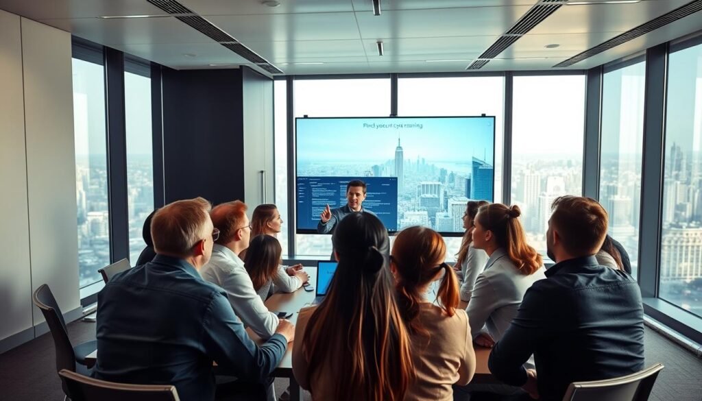 A modern, well-lit corporate training room. In the foreground, a group of diverse employees engage in a hands-on cybersecurity learning session, their faces focused and attentive. The middle ground features an instructor demonstrating security protocols on a large interactive display, guiding the team through real-world scenarios. The background shows a panoramic view of a bustling city skyline through floor-to-ceiling windows, conveying a sense of professionalism and the importance of the subject matter. Soft, directional lighting illuminates the scene, casting warm shadows and highlighting the collaborative nature of the training. The overall atmosphere is one of active engagement, with a tone of productivity and knowledge-sharing.