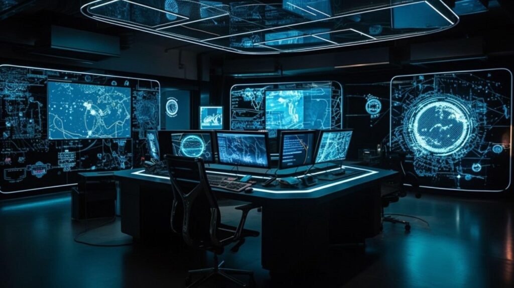 uturistic control room, technology, cybersecurity, digital interface, high-tech workspace, ai generated