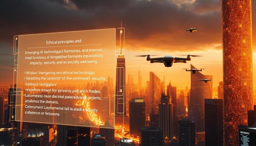 A futuristic cityscape illuminated by a warm, golden glow. In the foreground, a holographic display projects ethical principles and considerations for emerging AI technologies, their impact on privacy, security, and societal well-being. In the middle ground, autonomous drones and cybersecurity agents patrol the skies, safeguarding the city. The background features towering skyscrapers, their facades adorned with intricate, data-driven patterns. The scene conveys a sense of technological progress balanced with a keen awareness of the ethical dilemmas posed by the rapid advancements in AI-powered network security.