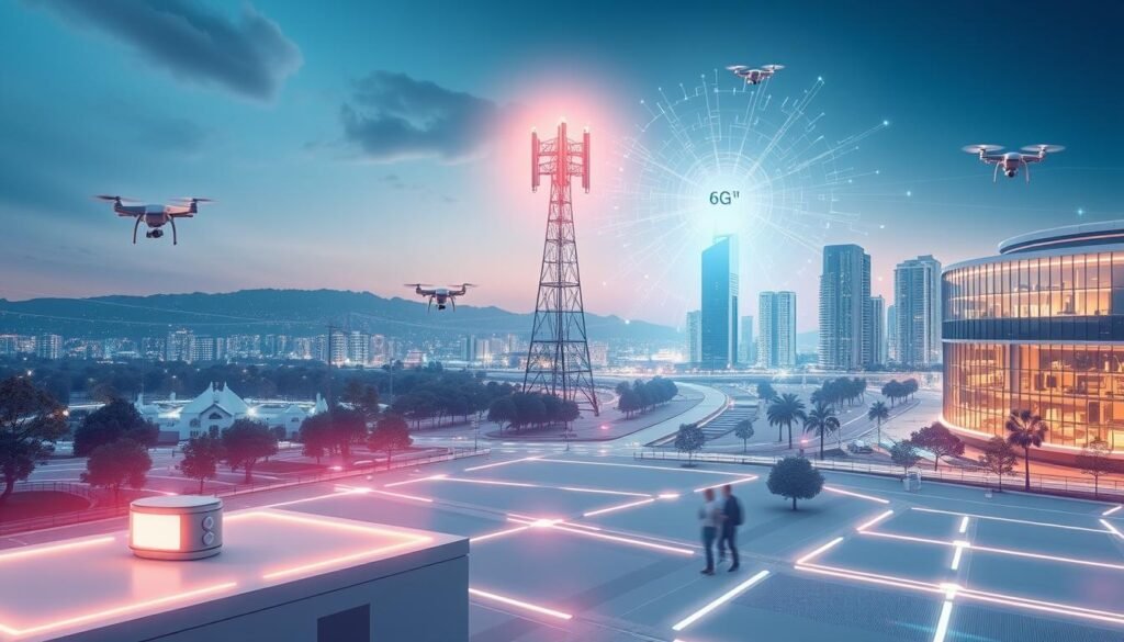A futuristic smart environment network, where AI-powered sensors and devices seamlessly integrate to create an intelligent, responsive landscape. In the foreground, sleek, minimalist smart home interfaces and IoT hubs control lighting, climate, and security. The middle ground features a bustling 6G cellular tower, radiating a soft, holographic glow, surrounded by autonomous drones and self-driving vehicles. In the background, a skyline of gleaming, high-tech buildings with large, transparent windows and renewable energy sources, all connected by a complex web of 6G data streams. The scene exudes a sense of efficiency, innovation, and a future where AI and advanced networking converge to enhance our daily lives.