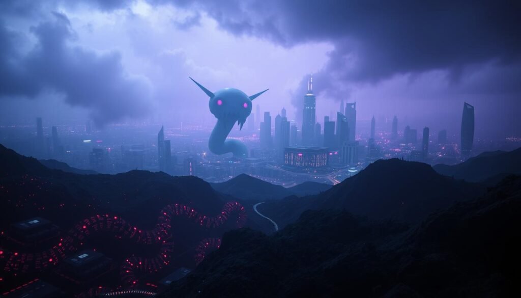 A grim, futuristic scene depicting the evolving threat of ransomware. In the foreground, a swarm of ominous, glitch-filled computer code snakes across a dark, dystopian landscape. Sinister, AI-generated payloads loom in the middle ground, their complex algorithms and neural networks pulsing with malicious energy. In the background, a cityscape lies shrouded in an eerie, purple-hued haze, hinting at the devastation wrought by these advanced, extortion-driven cyber attacks. Moody lighting and a cinematic camera angle convey a sense of dread and technological unease. The overall atmosphere evokes the cold, calculating nature of the emerging ransomware-as-a-service model.