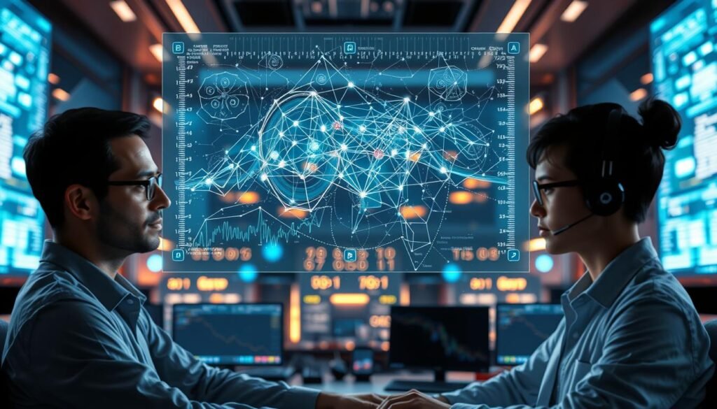 A highly detailed, photorealistic illustration of machine learning data analytics, set in a modern, high-tech environment. In the foreground, a holographic display showcases a complex data visualization, with swirling lines, geometric shapes, and pulsing energy fields. The middle ground features a team of data scientists and analysts intently studying the visualization, their faces illuminated by the soft glow of computer screens. The background depicts a futuristic control room, with banks of monitors, blinking lights, and sleek, minimalist design. The lighting is a balanced mix of cool, blue tones and warm, ambient lighting, creating a sense of depth and atmosphere. The overall mood is one of innovation, cutting-edge technology, and the power of data-driven insights.