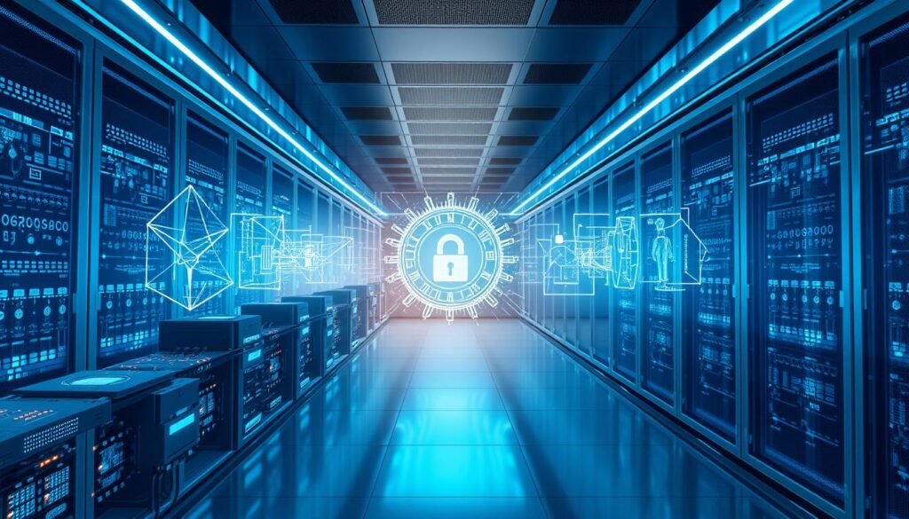 A sleek, futuristic data center enveloped in a shimmering quantum security field. In the foreground, a complex array of quantum processors and cryptographic modules, their intricate circuitry bathed in an ethereal blue glow. The middle ground features a holographic display projecting intricate mathematical models and data visualizations, symbolizing the advanced algorithms and protocols powering this quantum-safe infrastructure. In the background, a vast expanse of seamless, mirrored surfaces, reflecting the cutting-edge technology and creating a sense of depth and infinity. The overall atmosphere is one of cutting-edge innovation, impenetrable security, and a glimpse into a post-quantum world.