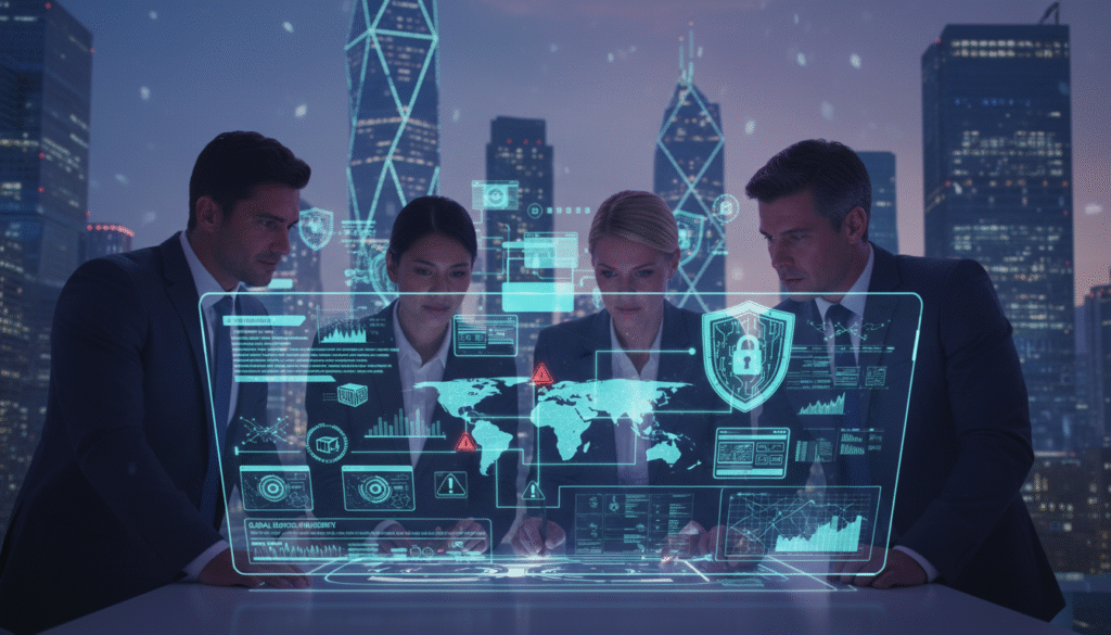 A detailed scene illustrating supply chain security within a cybersecurity context. In the foreground, a diverse group of business professionals in business attire are engaged in discussions around a large digital screen displaying interconnected supply chain networks, data flows, and threat alerts. In the middle, various icons symbolize supply chain components—shipping containers, software applications, and security shields—interconnected with glowing lines representing digital connections. The background features a futuristic city skyline under a twilight sky, with illuminated buildings signifying technological advancement. Soft, futuristic lighting highlights the professionals and the digital elements, creating a sense of urgency and collaboration. The overall atmosphere should convey vigilance and resilience in the face of emerging threats.