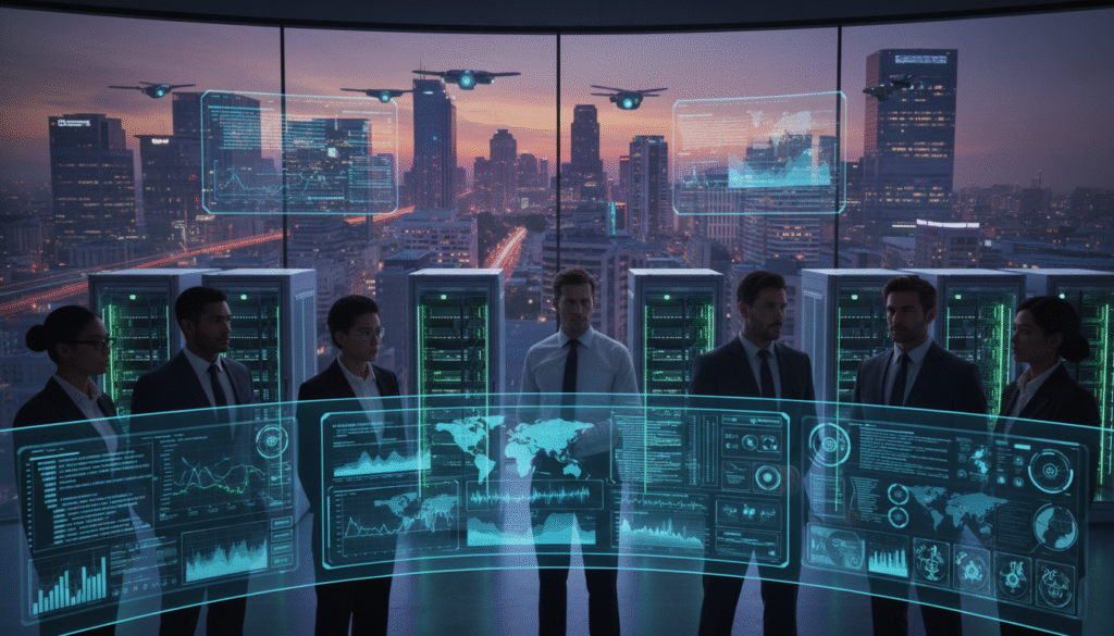 A futuristic cybersecurity command center showcasing various security industries in the United States. In the foreground, a diverse group of professionals in business attire, including a woman with glasses and a man in a suit, analyze data on multiple screens filled with graphs and threat maps. In the middle ground, high-tech servers hum softly, illuminated by blue and green LED lights, while drones monitor an outdoor scene through large glass windows. The background features a city skyline at dusk, with a mix of corporate buildings and vibrant technology companies. The atmosphere conveys a sense of urgency and innovation, with dramatic yet balanced lighting casting subtle reflections on the glass surfaces, emphasizing the importance of cybersecurity in a connected world.