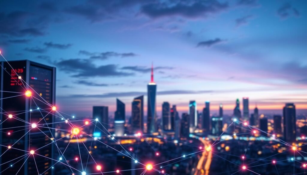 A futuristic cloud networking infrastructure depicted in a sleek, modern style. In the foreground, visualized data streams—represented by glowing lines and nodes—interconnected with vibrant colors, indicating scalability. The middle ground showcases towering abstract cloud servers, seamlessly blending technology with cloud shapes, emphasizing the concept of hybrid networks. In the background, a city skyline at dusk, bathed in a soft blue and purple glow, symbolizes connectivity and expansion. Use dramatic lighting to highlight the data flows, with a slightly angled top-down perspective to give a sense of depth and vastness. The atmosphere is dynamic and forward-thinking, reflecting innovation in cloud technology.