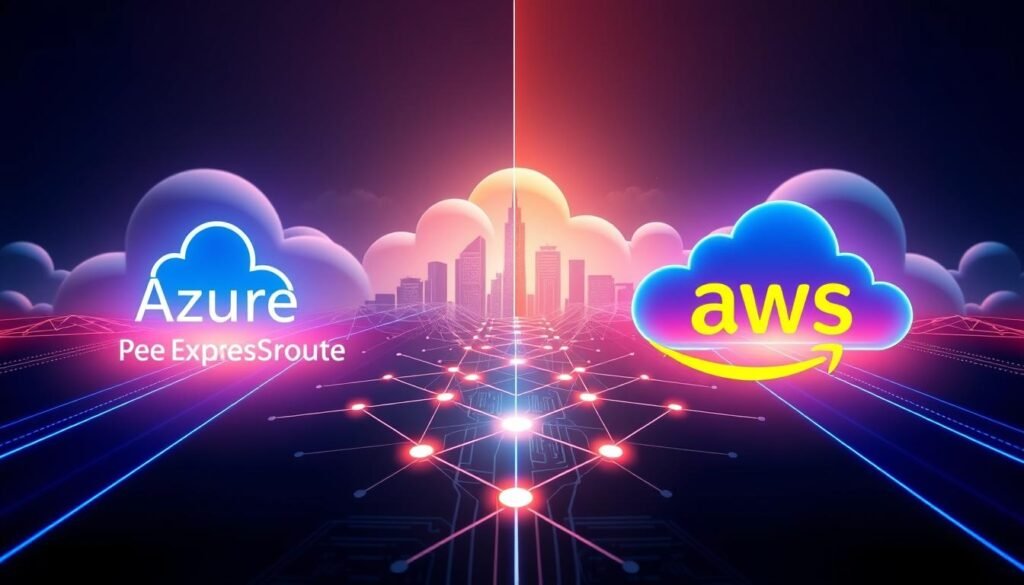 A split-screen illustration depicting the comparison between Azure ExpressRoute and AWS Direct Connect. In the foreground, represent two sleek network pathways: one in vibrant blue (Azure) with a cloud icon symbolizing express connectivity, and the other in rich orange (AWS) featuring a direct link icon illustrating robust data transfer. In the middle ground, include a stylized digital map showing connections and data flow indicated by glowing lines and nodes. The background consists of stylized cloud infrastructures with a high-tech cityscape, suggesting innovation and integration. Use dynamic lighting to emphasize the contrast between the two networks, with soft shadows to add depth. The overall mood should be focused and professional, inviting understanding of complex technologies without distraction.