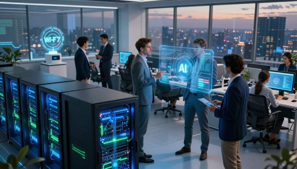 A futuristic office space showcasing edge computing and Wi-Fi 7 technology. In the foreground, a sleek computer server rack pulses with vibrant blue and green lights, symbolizing network intelligence. The middle ground features a diverse group of professionals in smart business attire, intently discussing holographic visualizations of data flows and AI algorithms. The background contains large windows revealing a cityscape bathed in soft twilight, with connected devices like IoT gadgets subtly integrated into everyday life. The atmosphere is dynamic and innovative, illuminated by ambient lighting reflecting the intelligent connectivity theme. Capture the scene with a slightly elevated angle to emphasize the collaboration and advanced technology, using a lens that enhances clarity and depth. A futuristic office space showcasing edge computing and Wi-Fi 7 technology. In the foreground, a sleek computer server rack pulses with vibrant blue and green lights, symbolizing network intelligence. The middle ground features a diverse group of professionals in smart business attire, intently discussing holographic visualizations of data flows and AI algorithms. The background contains large windows revealing a cityscape bathed in soft twilight, with connected devices like IoT gadgets subtly integrated into everyday life. The atmosphere is dynamic and innovative, illuminated by ambient lighting reflecting the intelligent connectivity theme. Capture the scene with a slightly elevated angle to emphasize the collaboration and advanced technology, using a lens that enhances clarity and depth.