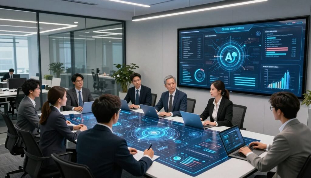 A modern corporate workspace embodying an agentic systems governance strategy. In the foreground, a diverse group of professionals in business attire collaborate around a futuristic digital table displaying intricate AI governance models and data analytics. The middle ground features a large screen with real-time security threats and automated defense responses, conveying urgency and strategic planning. The background showcases a sleek office environment with glass walls, soft but focused lighting, and high-tech interfaces illustrating AI and cybersecurity themes. The atmosphere should feel dynamic and proactive, emphasizing teamwork and innovation in AI security. Use a slightly elevated angle to capture the entire collaborative scene, evoking a sense of modernity and critical engagement. A modern corporate workspace embodying an agentic systems governance strategy. In the foreground, a diverse group of professionals in business attire collaborate around a futuristic digital table displaying intricate AI governance models and data analytics. The middle ground features a large screen with real-time security threats and automated defense responses, conveying urgency and strategic planning. The background showcases a sleek office environment with glass walls, soft but focused lighting, and high-tech interfaces illustrating AI and cybersecurity themes. The atmosphere should feel dynamic and proactive, emphasizing teamwork and innovation in AI security. Use a slightly elevated angle to capture the entire collaborative scene, evoking a sense of modernity and critical engagement.