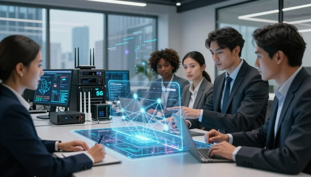 A modern office environment featuring a team of diverse professionals in business attire, collaborating around a high-tech table displaying a holographic map of a private 5G network deployment. In the foreground, an engineer points at the hologram, illustrating the network's nodes and connections. The middle ground showcases advanced networking equipment, including antennas and routers, with screens displaying live data feeds. In the background, large windows reveal a cityscape with digital elements like data streams visualized in the air, capturing the essence of intelligent connectivity. Soft, ambient lighting enhances the high-tech atmosphere, while a balanced perspective emphasizes the integration of cutting-edge technology and collaborative human effort. A modern office environment featuring a team of diverse professionals in business attire, collaborating around a high-tech table displaying a holographic map of a private 5G network deployment. In the foreground, an engineer points at the hologram, illustrating the network's nodes and connections. The middle ground showcases advanced networking equipment, including antennas and routers, with screens displaying live data feeds. In the background, large windows reveal a cityscape with digital elements like data streams visualized in the air, capturing the essence of intelligent connectivity. Soft, ambient lighting enhances the high-tech atmosphere, while a balanced perspective emphasizes the integration of cutting-edge technology and collaborative human effort.