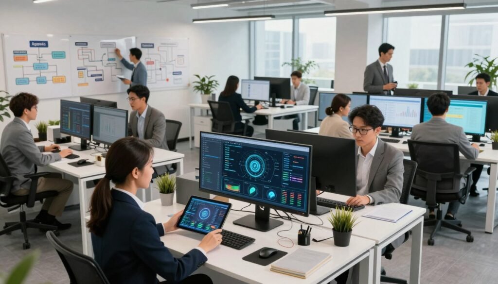 A modern office environment filled with advanced technology, showcasing a diverse team of professionals in business attire, actively assessing and monitoring agentic AI systems displayed on sleek computer screens. In the foreground, a focused woman examines data visualizations on a tablet, while a man in glasses analyzes real-time metrics on a large monitor. The middle ground includes collaborative spaces with whiteboards covered in flowcharts and performance analytics. In the background, large windows allow natural light to pour in, illuminating the sleek, minimalist design of the workspace. The atmosphere conveys innovation and teamwork, with bright, warm lighting enhancing the sense of urgency and focus on performance and evaluation. Use a wide-angle lens to capture the dynamic environment. A modern office environment filled with advanced technology, showcasing a diverse team of professionals in business attire, actively assessing and monitoring agentic AI systems displayed on sleek computer screens. In the foreground, a focused woman examines data visualizations on a tablet, while a man in glasses analyzes real-time metrics on a large monitor. The middle ground includes collaborative spaces with whiteboards covered in flowcharts and performance analytics. In the background, large windows allow natural light to pour in, illuminating the sleek, minimalist design of the workspace. The atmosphere conveys innovation and teamwork, with bright, warm lighting enhancing the sense of urgency and focus on performance and evaluation. Use a wide-angle lens to capture the dynamic environment.