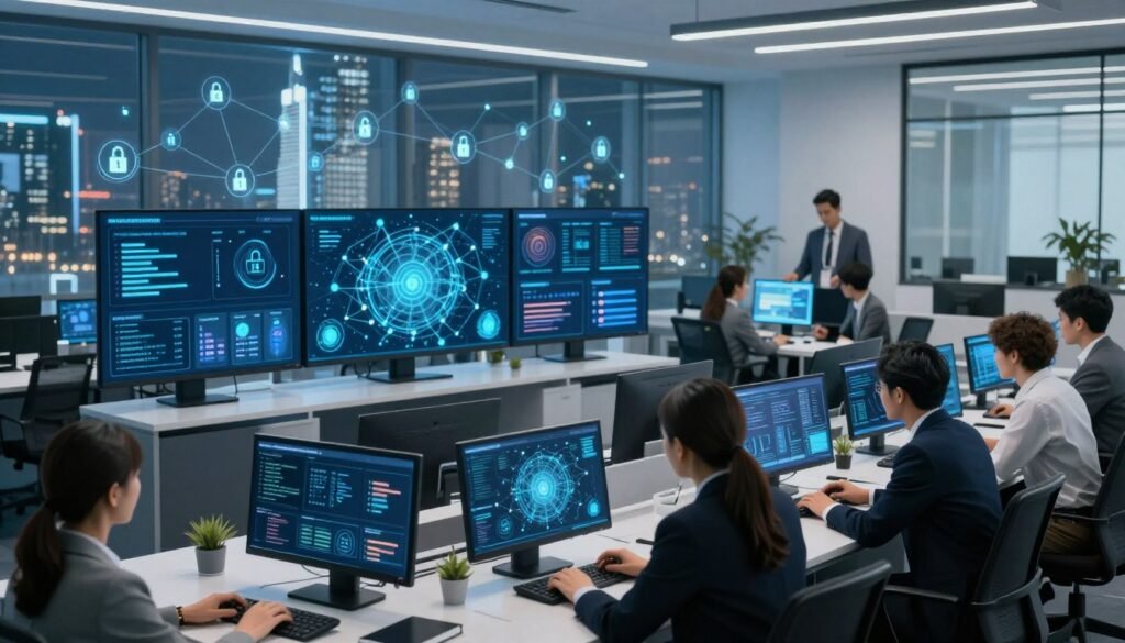 A modern office environment illustrating identity-based security in a Zero Trust architecture. In the foreground, a diverse group of professionals wearing business attire collaboratively analyzing data on sleek digital devices. In the middle, a high-tech control center features multiple screens displaying algorithms and network maps, emitting a soft blue glow to highlight cybersecurity activity. In the background, a futuristic cityscape is visible through large glass windows, with subtle digital effects representing secure network connections. The scene is well-lit with cool lighting to convey a sophisticated and innovative atmosphere. The camera angle is slightly elevated, providing a comprehensive view of the workspace while emphasizing teamwork and technology in action. A modern office environment illustrating identity-based security in a Zero Trust architecture. In the foreground, a diverse group of professionals wearing business attire collaboratively analyzing data on sleek digital devices. In the middle, a high-tech control center features multiple screens displaying algorithms and network maps, emitting a soft blue glow to highlight cybersecurity activity. In the background, a futuristic cityscape is visible through large glass windows, with subtle digital effects representing secure network connections. The scene is well-lit with cool lighting to convey a sophisticated and innovative atmosphere. The camera angle is slightly elevated, providing a comprehensive view of the workspace while emphasizing teamwork and technology in action.