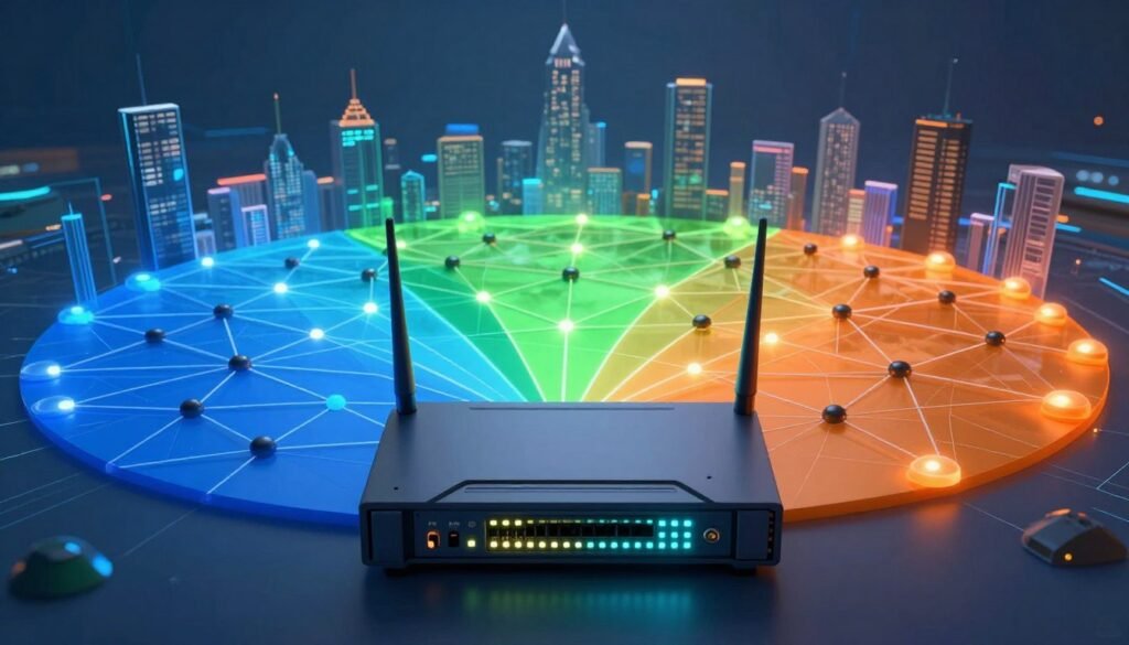 A visually striking representation of network segmentation, showcasing a digital landscape segmented into distinct, color-coded zones. In the foreground, a stylized network router with glowing LED indicators, symbolizing centralized control. The middle ground features segmented sections, illustrated as interconnected nodes with vibrant colors (like blue, green, and orange), demonstrating separation between different network areas. In the background, a dramatic city skyline made of abstract, translucent data flows, symbolizing the internet. Soft, diffused lighting highlights the nodes, creating a high-tech atmosphere. The overall mood conveys security and innovation, with a slight sense of urgency to emphasize cyberattack prevention. Capture this scene with a slightly elevated angle to enhance depth and perspective.