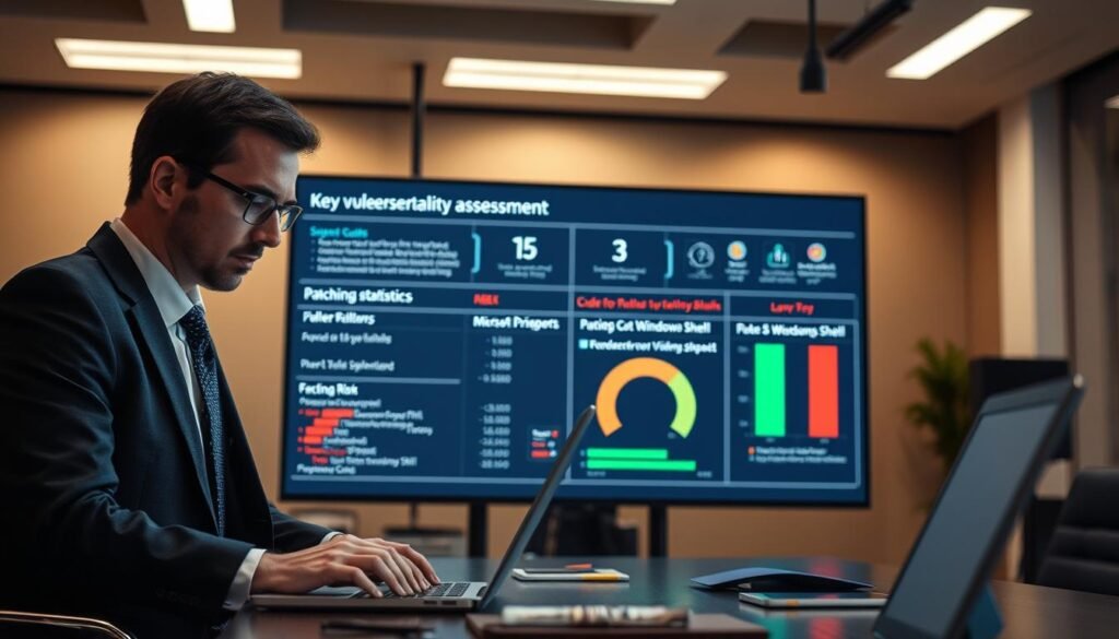 A detailed office environment showcasing a cybersecurity assessment in progress. In the foreground, a professional cybersecurity analyst, dressed in smart business attire, is intently reviewing data on a laptop, with code and vulnerability reports visible on the screen. In the middle, a large digital display board highlights key vulnerability statistics and patching priorities for Microsoft Windows Shell, with graphical representations of risk levels. The background features a modern office setting with soft, focused lighting, accentuating the seriousness of the task at hand. The atmosphere is tense yet focused, capturing the urgency of assessing cybersecurity threats. The angle is slightly elevated, allowing a comprehensive view of the analyst, the laptop, and the digital display, all conveying the importance of vigilance in cybersecurity. A detailed office environment showcasing a cybersecurity assessment in progress. In the foreground, a professional cybersecurity analyst, dressed in smart business attire, is intently reviewing data on a laptop, with code and vulnerability reports visible on the screen. In the middle, a large digital display board highlights key vulnerability statistics and patching priorities for Microsoft Windows Shell, with graphical representations of risk levels. The background features a modern office setting with soft, focused lighting, accentuating the seriousness of the task at hand. The atmosphere is tense yet focused, capturing the urgency of assessing cybersecurity threats. The angle is slightly elevated, allowing a comprehensive view of the analyst, the laptop, and the digital display, all conveying the importance of vigilance in cybersecurity.