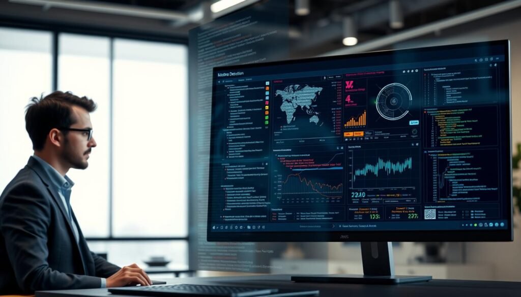 A dynamic digital workspace showcasing an advanced runtime threat detection system in action. In the foreground, a large, sleek computer screen displays intricate graphs and alerts, highlighting cybersecurity metrics and real-time data analysis. To the left, a focused professional in business attire analyzes the screen, embodying deep concentration. The middle layer includes a blurred array of code snippets and threat maps overlaying the workspace, evoking a sense of urgency and technical complexity. The background features a modern office environment with soft, ambient lighting, creating a serious yet innovative mood. Shadows subtly highlight the contours of the room, while a soft focus draws attention to the critical elements of cybersecurity, symbolizing the sophistication of the AWS Security Agent. A dynamic digital workspace showcasing an advanced runtime threat detection system in action. In the foreground, a large, sleek computer screen displays intricate graphs and alerts, highlighting cybersecurity metrics and real-time data analysis. To the left, a focused professional in business attire analyzes the screen, embodying deep concentration. The middle layer includes a blurred array of code snippets and threat maps overlaying the workspace, evoking a sense of urgency and technical complexity. The background features a modern office environment with soft, ambient lighting, creating a serious yet innovative mood. Shadows subtly highlight the contours of the room, while a soft focus draws attention to the critical elements of cybersecurity, symbolizing the sophistication of the AWS Security Agent.
