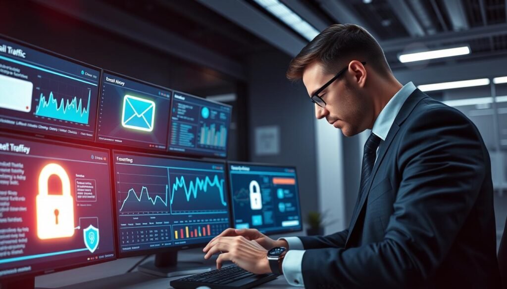 A secure email gateway security check scene, depicting a professional IT specialist in business attire meticulously inspecting a digital interface displaying email traffic data and security alerts. The foreground features a modern, high-tech workstation with multiple screens showcasing graphs, alerts, and a glowing secure email gateway icon. In the middle ground, subtle cybersecurity elements like a padlock and firewall imagery are integrated. The background displays a futuristic office environment with soft, cool lighting that emphasizes professionalism and focus. A slight lens flare from a nearby overhead light adds a touch of sophistication, while the overall atmosphere is one of vigilance and technological advancement, perfect for illustrating cybersecurity protocols against email vulnerabilities. A secure email gateway security check scene, depicting a professional IT specialist in business attire meticulously inspecting a digital interface displaying email traffic data and security alerts. The foreground features a modern, high-tech workstation with multiple screens showcasing graphs, alerts, and a glowing secure email gateway icon. In the middle ground, subtle cybersecurity elements like a padlock and firewall imagery are integrated. The background displays a futuristic office environment with soft, cool lighting that emphasizes professionalism and focus. A slight lens flare from a nearby overhead light adds a touch of sophistication, while the overall atmosphere is one of vigilance and technological advancement, perfect for illustrating cybersecurity protocols against email vulnerabilities.