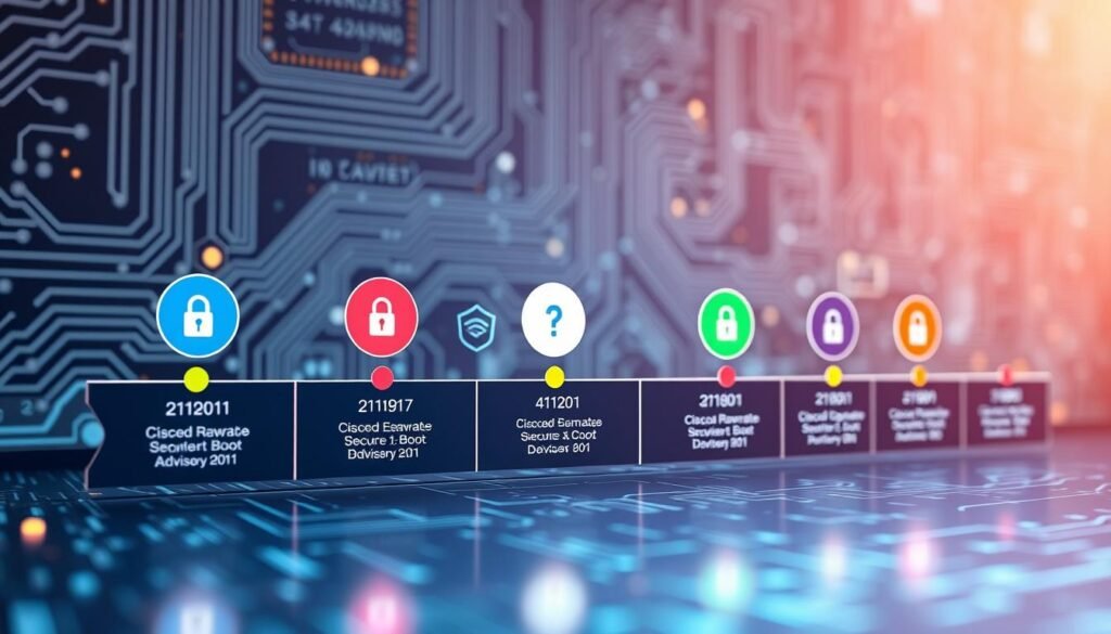 A visually engaging security advisory update timeline, set against a sleek digital backdrop. In the foreground, prominently display a stylized timeline with key milestones marked by circular icons, representing significant updates and advisory dates. Use distinct colors for each milestone to signify critical updates related to Cisco UCS and its UEFI Shell Secure Boot vulnerability. In the middle, include abstract representations of security elements, such as locks and shields, subtly integrated into the timeline. The background features a softly glowing circuit board pattern to convey a tech-savvy atmosphere. Aim for a futuristic, professional look with crisp, even lighting, and a slight perspective angle to create depth, evoking a sense of urgency and importance surrounding the security updates. A visually engaging security advisory update timeline, set against a sleek digital backdrop. In the foreground, prominently display a stylized timeline with key milestones marked by circular icons, representing significant updates and advisory dates. Use distinct colors for each milestone to signify critical updates related to Cisco UCS and its UEFI Shell Secure Boot vulnerability. In the middle, include abstract representations of security elements, such as locks and shields, subtly integrated into the timeline. The background features a softly glowing circuit board pattern to convey a tech-savvy atmosphere. Aim for a futuristic, professional look with crisp, even lighting, and a slight perspective angle to create depth, evoking a sense of urgency and importance surrounding the security updates.